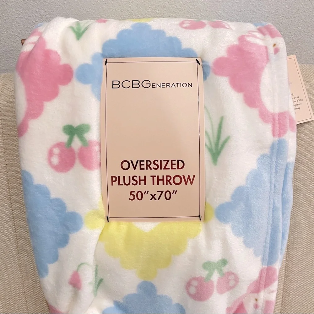 NEW BCBGeneration Oversized Plush Throw Blanket Cherry‎ Bunny Pastel Pink Blue